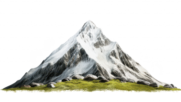 A majestic snow-capped mountain rises against a clear blue sky. surrounded by lush green grass and scattered rocks. symbolizing natural beauty and outdoor adventures