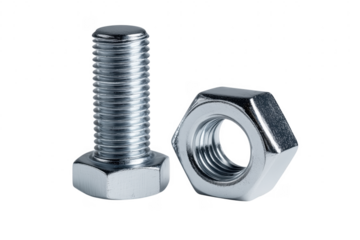 Shiny metallic bolt and hex nut against a dark transparent background close up