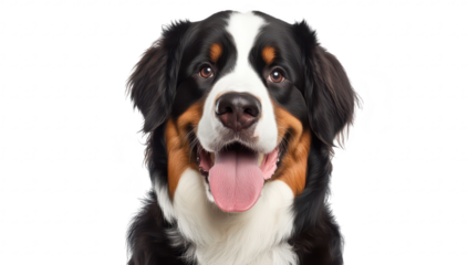 A cheerful Bernese Mountain Dog with a glossy coat and bright eyes poses against a plain white background. its friendly demeanor and captivating expression. ideal for pet-related content