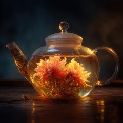 Blooming Tea: Glass Teapot with Flowering Tea on Wooden Table