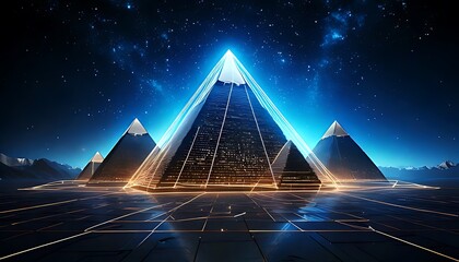 Futuristic pyramids under a starlit sky