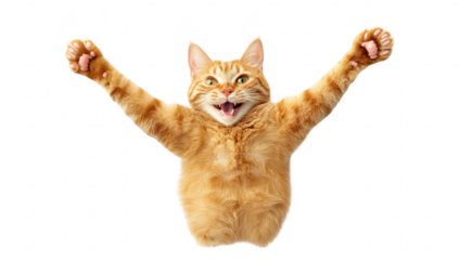 A playful ginger cat joyfully stretching its paws wide while lying on a clean white surface. conveying a sense of happiness and energy. suitable for pet-related content