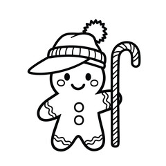 Naklejka premium A cute cartoon gingerbread man wearing a winter hat and holding a candy cane.