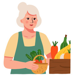 Senior woman at market. Elderly lady shopping for vegetables. Older woman choosing fresh produce. Retired woman buying groceries. Elderly set