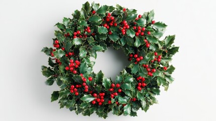Christmas wreath with holly isolated on white background