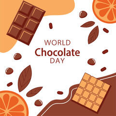 World Chocolate Day Flat Lay Illustration with Melted Chocolate, Bars, and Orange Slices