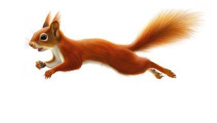 A red squirrel leaps gracefully through a bright white background. its agility and lively spirit. ideal for nature-themed projects or wildlife education
