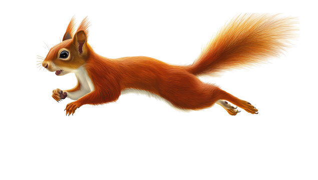 A red squirrel leaps gracefully through a bright white background. its agility and lively spirit. ideal for nature-themed projects or wildlife education