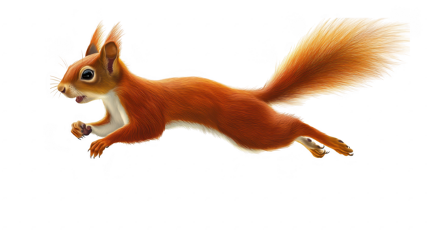A red squirrel leaps gracefully through a bright white background. its agility and lively spirit. ideal for nature-themed projects or wildlife education