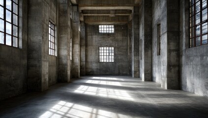 A spacious, industrial interior, bathed in sunlight, showcasing the raw beauty of concrete walls and large windows.