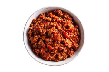 Overhead view of a delicious bowl of homemade bolognese sauce served on a white bowl transparent