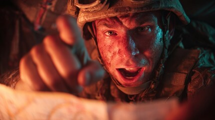 Soldier studying map intensely