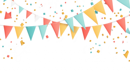 Colorful festive bunting flags in shades of red. turquoise. and yellow. creating a joyful atmosphere. with scattered confetti in the background. perfect for celebration-themed events