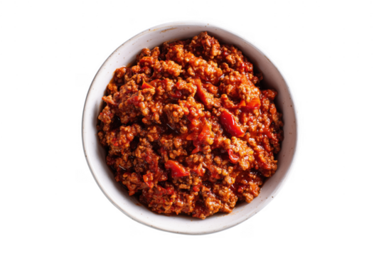 Overhead view of a delicious bowl of homemade bolognese sauce served on a white bowl transparent