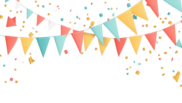 Colorful festive bunting flags in shades of red. turquoise. and yellow. creating a joyful atmosphere. with scattered confetti in the background. perfect for celebration-themed events