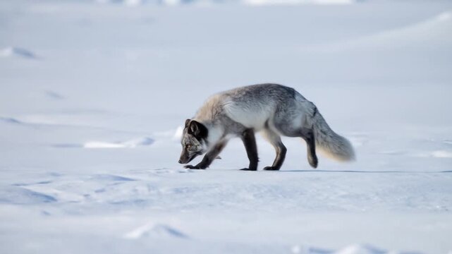 Silver Fox Walking On a Snow Field In Bright Daylight With Clear Sky And Cold Atmosphere In An Arctic Landscape Background