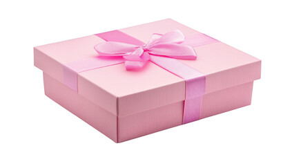 Obraz premium A beautifully wrapped pink gift box with a satin bow. placed on a clean white background. perfect for celebrations. birthdays. or special occasions. evoking feelings of joy and surprise