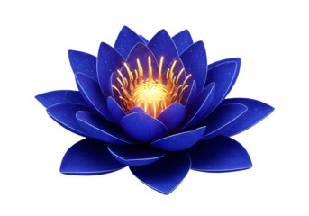 A vibrant, deep blue lotus flower, detailed and illuminated by inner golden light, stands out against a striking black backdrop.
