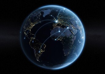 Global network connections illuminating earth at night with bright city lights and interconnected digital pathways