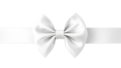 A pristine white satin bow tied elegantly on a smooth white ribbon. a minimalist design perfect for gift wrapping. celebrations. or decorative purposes in a bright. neutral setting