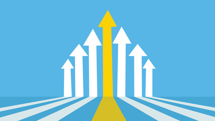 Leadership concept with arrows pointing up, one arrow is different from the others