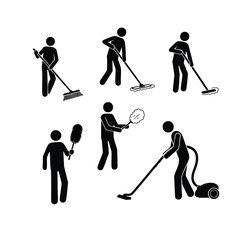Naklejka premium A set of six black stick figure pictograms showing people performing various cleaning tasks.