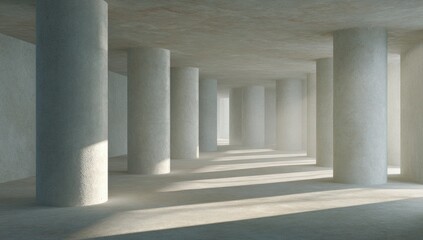 A spacious, minimalist concrete interior, illuminated by natural light, features numerous evenly spaced pillars and long shadows.
