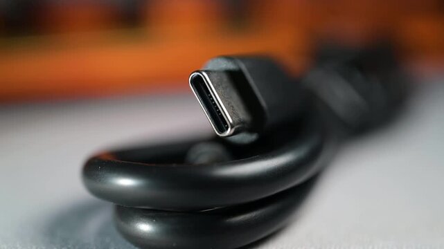 Close up view of black USB Type C cable connector