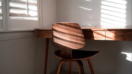 organized. A clean and simple office corner featuring a wooden desk and chair under soft natural light. real-estate listings.