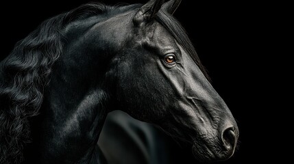 Majestic black horse posing gracefully with a striking profile against a dark backdrop