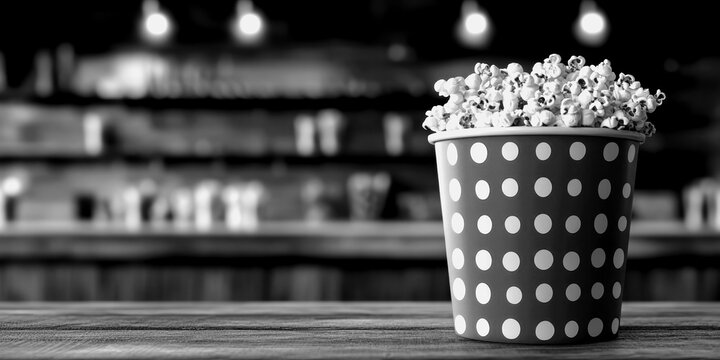 Popcorn in a striped cup sits on a wooden table in a cinema