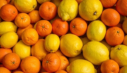 Close-up of fresh oranges and lemons arranged together, filling the frame with vibrant color and texture, symbolizing natural citrus freshness and vitamin-rich produce.