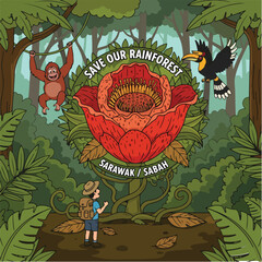 Save Our Rainforest – Rafflesia Flower, Orangutan, and Hornbill in Borneo Jungle (Sarawak / Sabah)