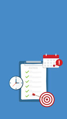 Agenda list on clipboard. Meeting agenda. Reminder with a event list and schedule. Presentation with memo.	