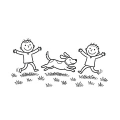Naklejka premium A simple black and white line drawing of two happy boys playing and running with their pet dog in the grass.