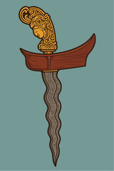 Traditional Malay Keris Dagger with Ornate Handle and Wavy Blade Illustration