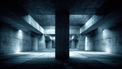 A spacious, concrete architectural interior, bathed in muted light, evokes a sense of depth and mystery.