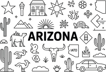 Arizona state symbols and landmarks in a doodle art style Keywords: Arizona, state, symbols