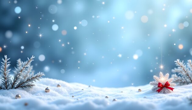 The background features a serene winter scene with a blanket of soft blue snow, delicate snowflakes gently falling from the sky