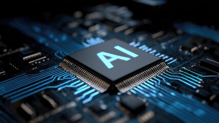 A computer chip with the letters 'AI' on it, set against a dark background with blue and black lines.