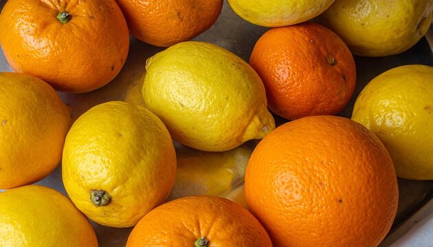 Close-up of fresh oranges and lemons arranged together, filling the frame with vibrant color and texture, symbolizing natural citrus freshness and vitamin-rich produce.