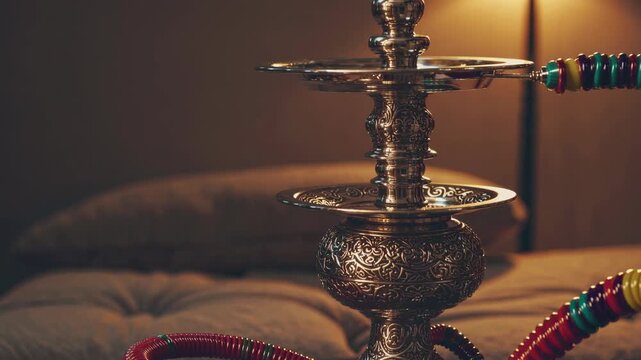 Close-up of an ornate hookah with colorful hoses, set against a cozy, dimly lit background. The video captures a warm, inviting atmosphere.