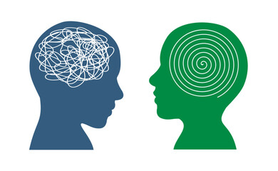 Humans head silhouette psychotherapy concept, equal rings and scribbles, psychological trauma, brain with tangled knot in man head, mood disorder problem, mental problem solving, mental health