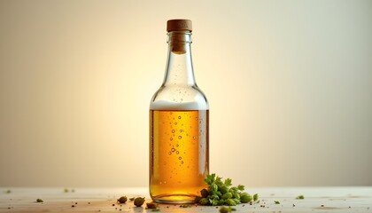 A clear glass bottle with a brown cap containing liquid that bubbles when poured into a glass, emitting a refreshing scent of hops and barley.