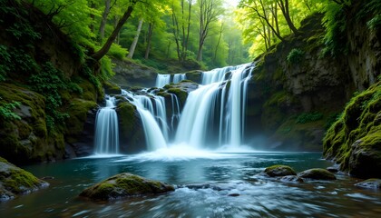 The cascading water tumbles gracefully over the moss covered rocks