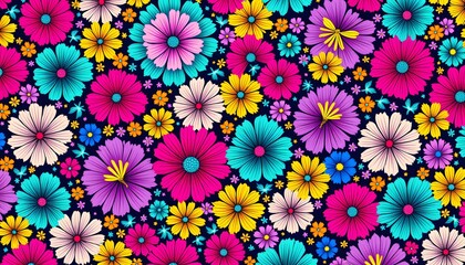 A visually stunning textile pattern with a bold and colorful floral design that features a wide array of vibrant hues such as fuchsia, teal, yellow