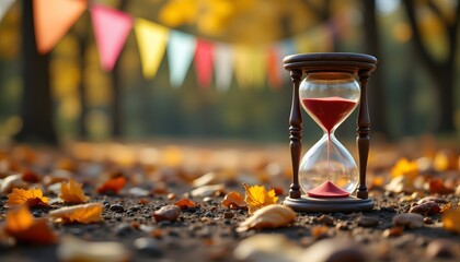 An hourglass lies abandoned on the ground, its fading sand a reminder of the fleeting nature of time. In the background, a banner fluttering in the autumn breeze adds a splash of color to the scene.