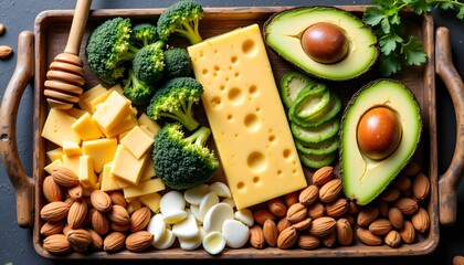 A vibrant array of nutritious ingredients including creamy cheese, crunchy almonds, ripe avocado, fresh broccoli, boiled eggs, assorted nuts, seeds, and a drizzle of golden honey