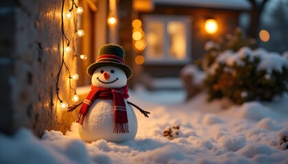 The snowman, with a bright orange carrot nose and a wide smile, peeks around the corner of a wall adorned with twinkling lights, radiating warmth and cheer in a cozy winter setting.