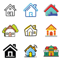Collection of diverse house icons and illustrations representing different architectural styles and colors. House icon collection for design projects.